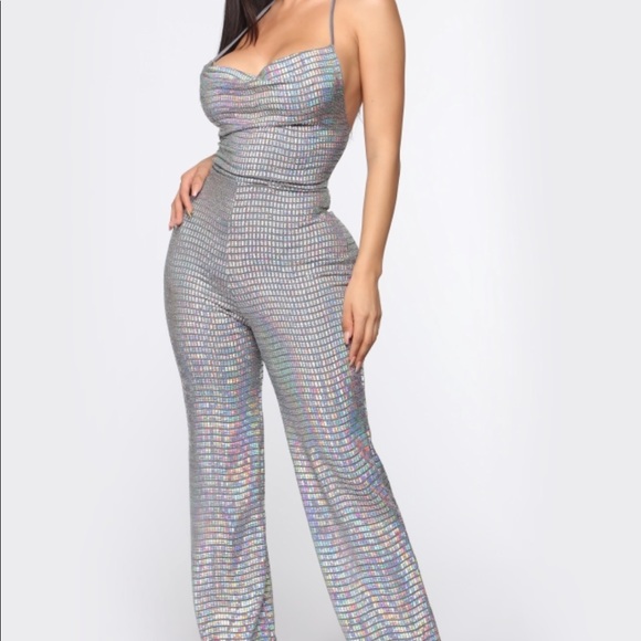 Fashion Nova Pants - Fashion Nova Silver Holographic Wide-Leg Jumpsuit